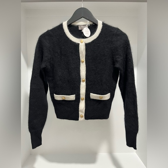 J crew Brushed cashmere fitted cardigan with contrast trim in black/ivory sz XXS - Picture 6 of 13
